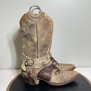 Pecos Bill Boots Women 6.5 Distressed Western Python Inlay‎ Harness Exotic Rodeo